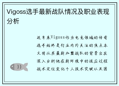 Vigoss选手最新战队情况及职业表现分析