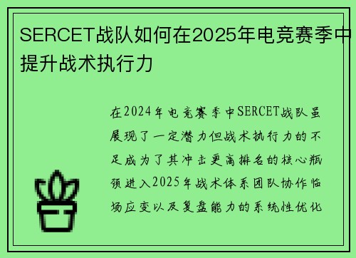 SERCET战队如何在2025年电竞赛季中提升战术执行力