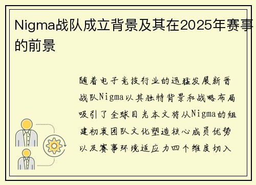 Nigma战队成立背景及其在2025年赛事的前景